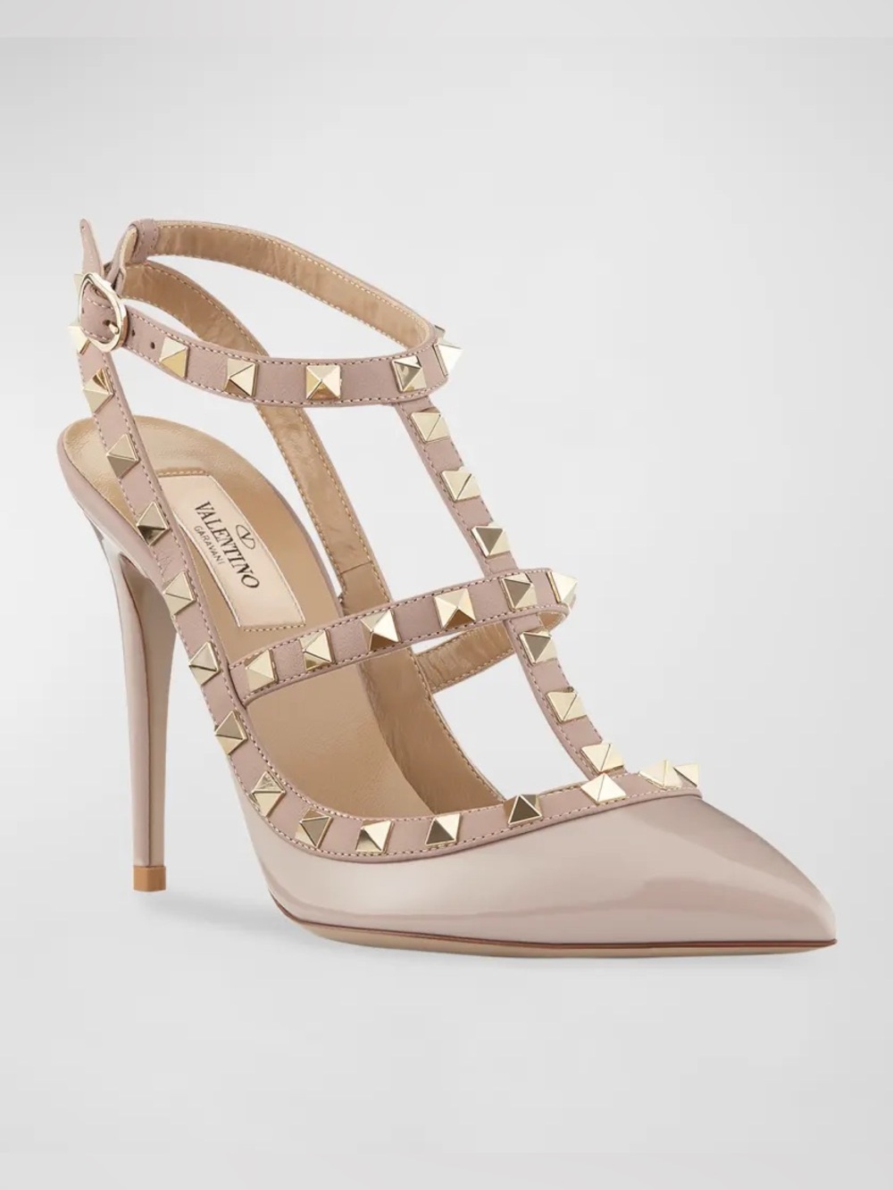 Authentic Valentino Rockstud Patent Leather T-Strap Pump in Nude Pink (poudre)